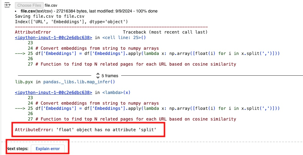 The explanation of the error helped me figure out that I needed to open the CSV file and look for irregularities in the Embeddings column. It turned out there was a blank cell. Other examples of what might cause errors during this phase are: Extra columns The wrong file name The wrong column names Error data in the embedding column (which you’ll find if you sort the column and review it).